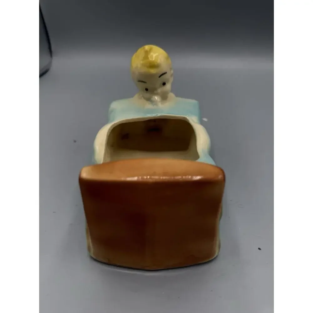 Vintage Praying Child Bed Planter Ceramic Nursery Blond Baby Blue Bed